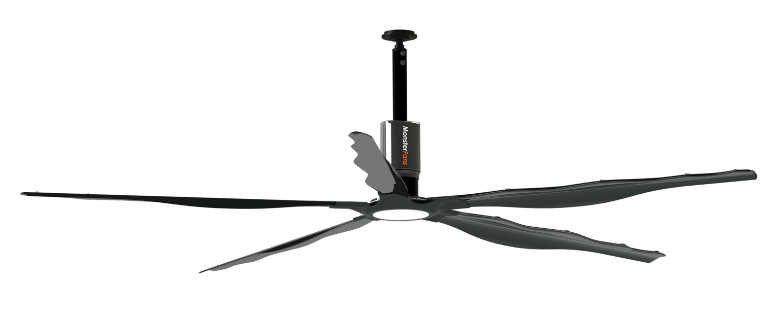 A black ceiling fan is hanging from the ceiling on a white background.
