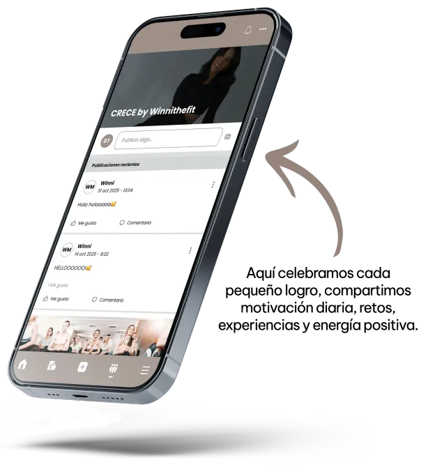 Smartphone showing an app interface with text, CRECE Planes de entrenamiento y nutrición