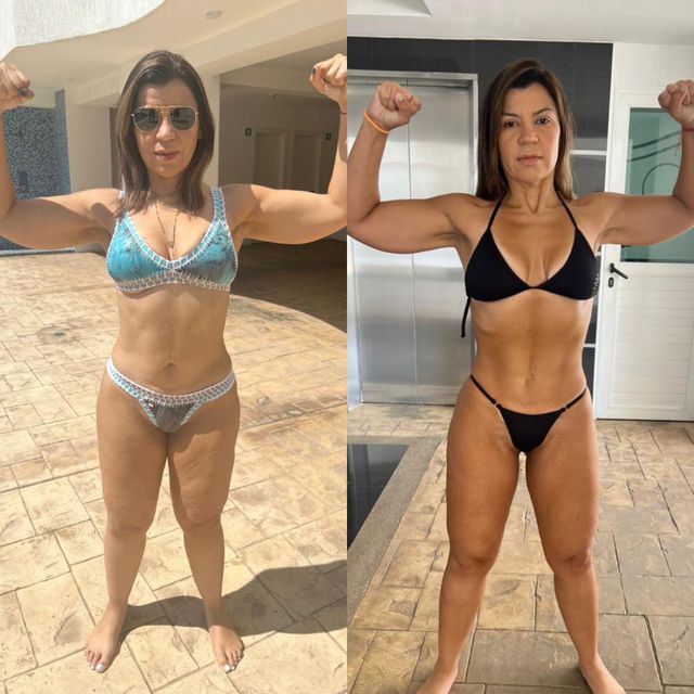 Side-by-side comparison of a woman flexing her biceps in swimwear. On the left, in blue; on the right, in black. Both photos show her fitness progress.