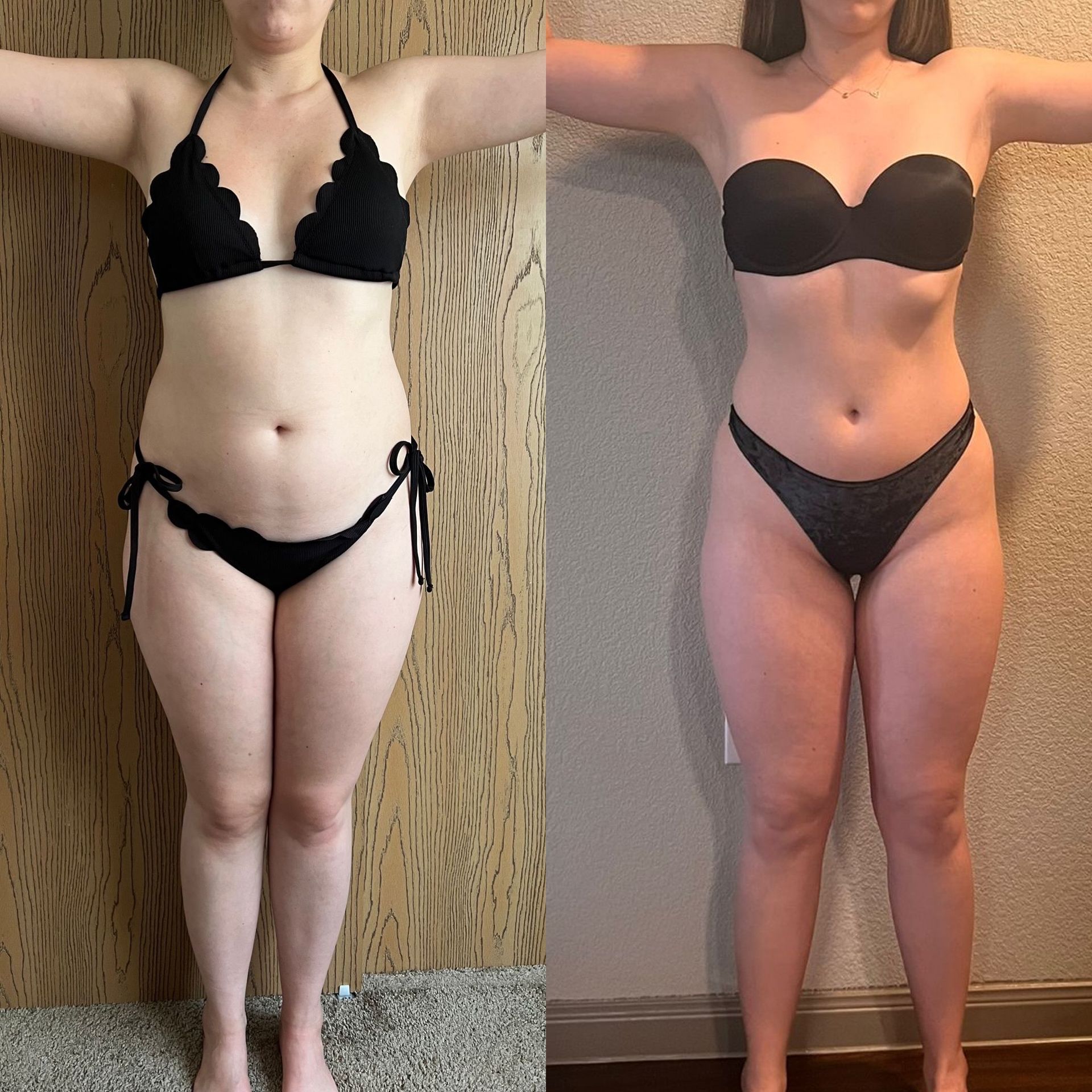 Side-by-side photos show a woman's body transformation, with her in a black bikini in the "before" image and a black lingerie set in the "after".