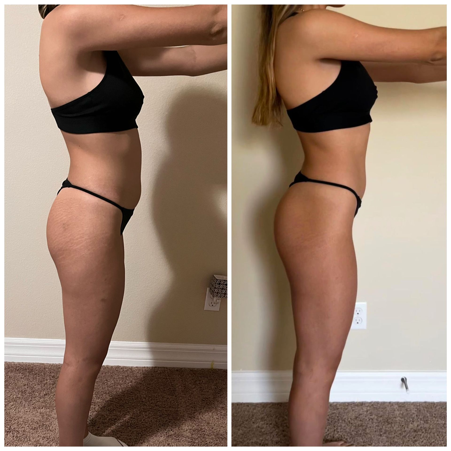 Two side-by-side photos showing a woman's body before and after a transformation. The "after" shows a more toned physique.