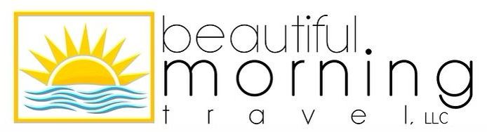 The logo for beautiful morning travel llc shows a sunset over the ocean.