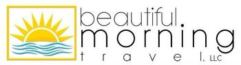 The logo for beautiful morning travel llc shows a sunset over the ocean.