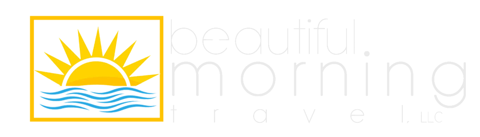 The logo for beautiful morning travel shows a sun over a body of water.