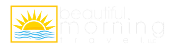 The logo for beautiful morning travel shows a sun over a body of water.