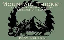 Mountain Thicket landscaping & tree services logo with mountain, trees, chainsaw, and phone number 865-654-2616