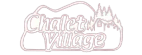 Stylized “Chalet Village” logo in pale pink outline with a chalet and pine trees