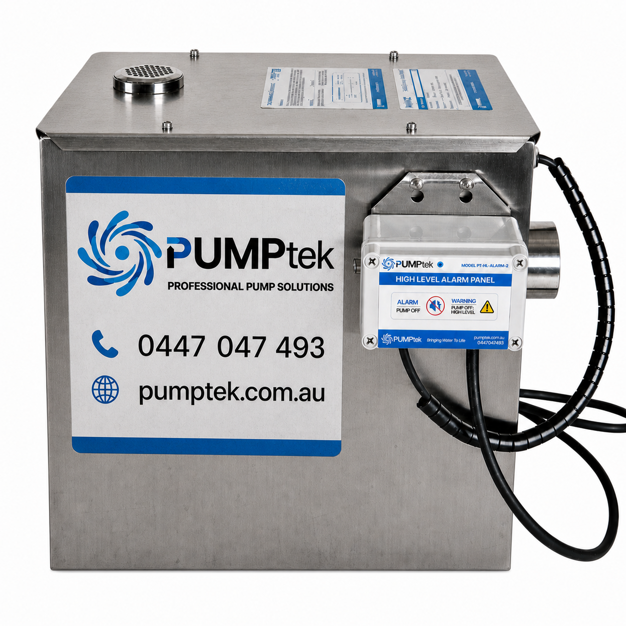 Stainless steel PUMPtek pump unit with blue logo, display panel, and attached black hoses — PUMPtek in Grovedale, VIC