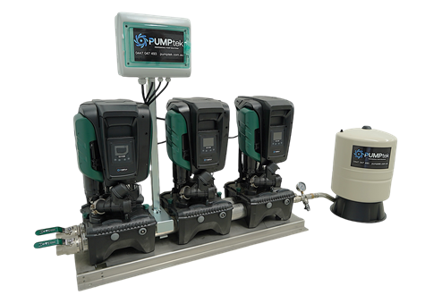 Three black and green industrial pumps on a metal base with a small display and a beige tank unit — PUMPtek in Grovedale, VIC