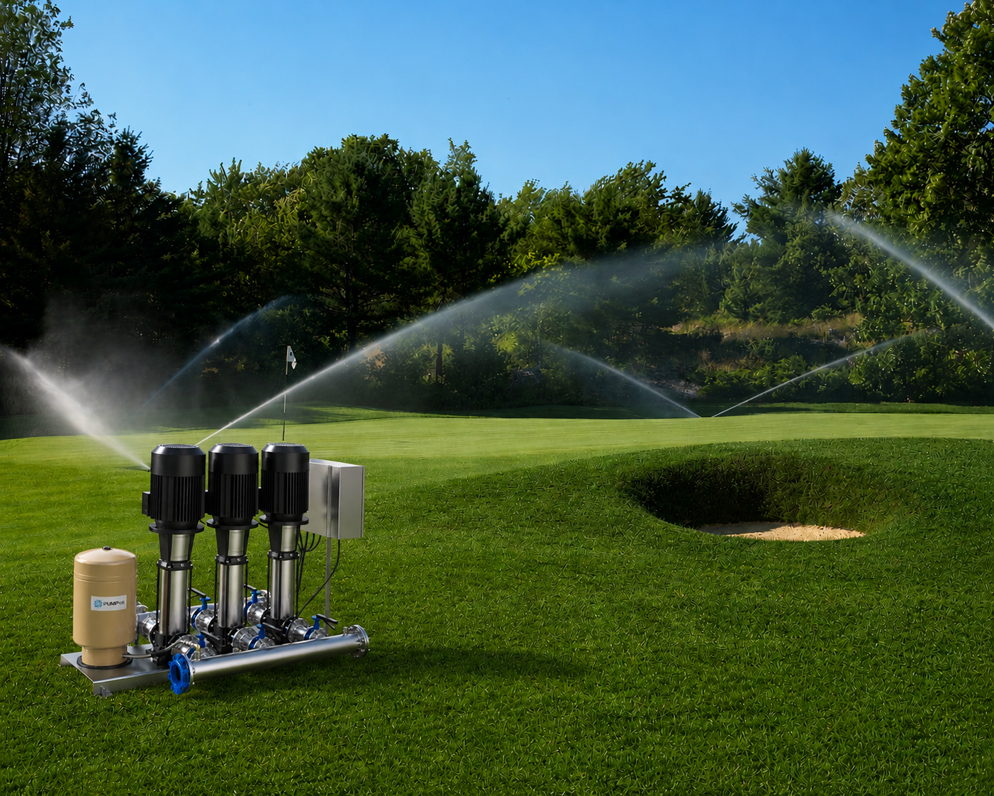 Lawn sprinkler system watering a green golf course under a blue sky — PUMPtek in Grovedale, VIC