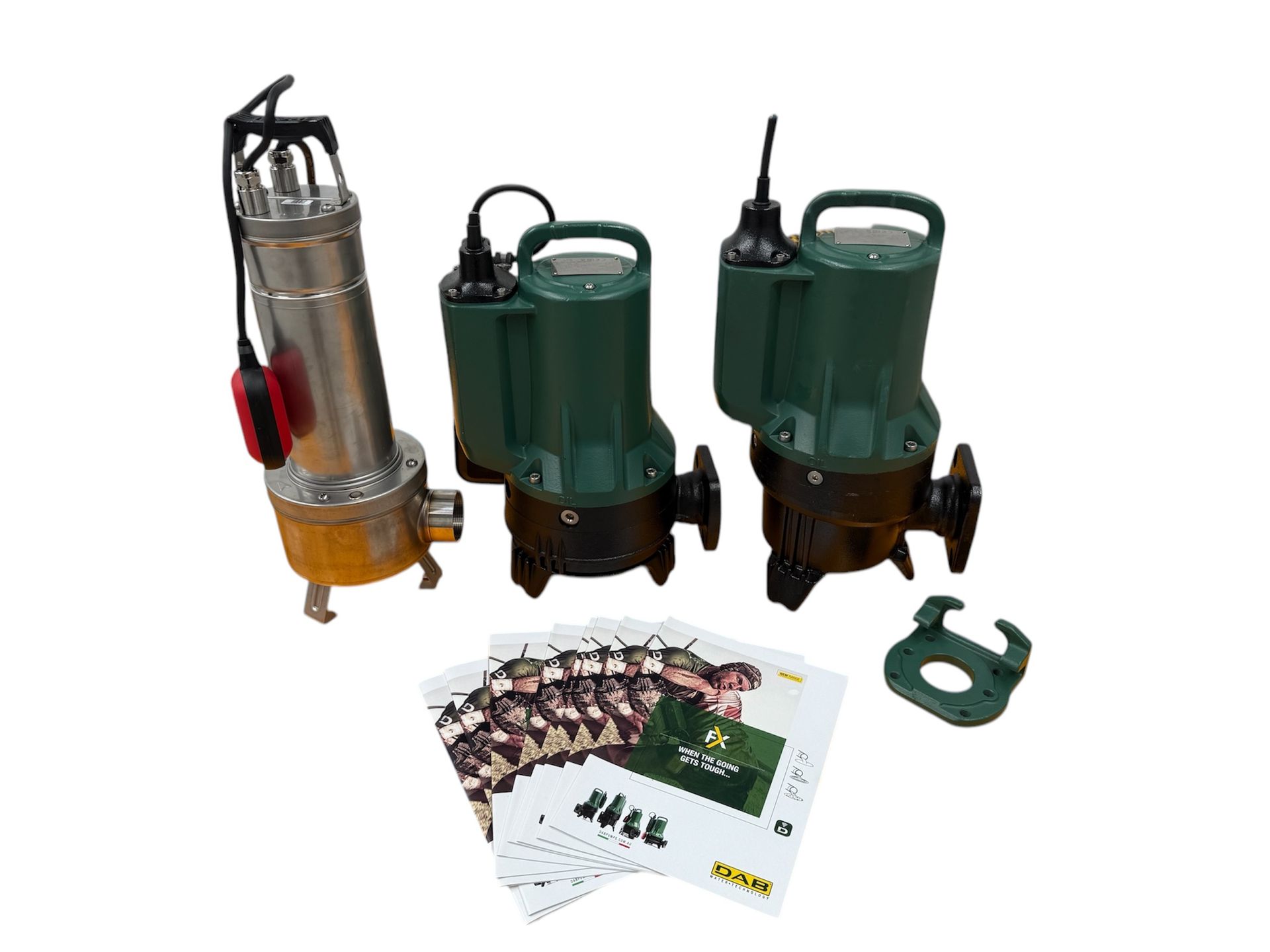 Three green and silver submersible pumps with manuals and a green part on white background — PUMPtek in Grovedale, VIC