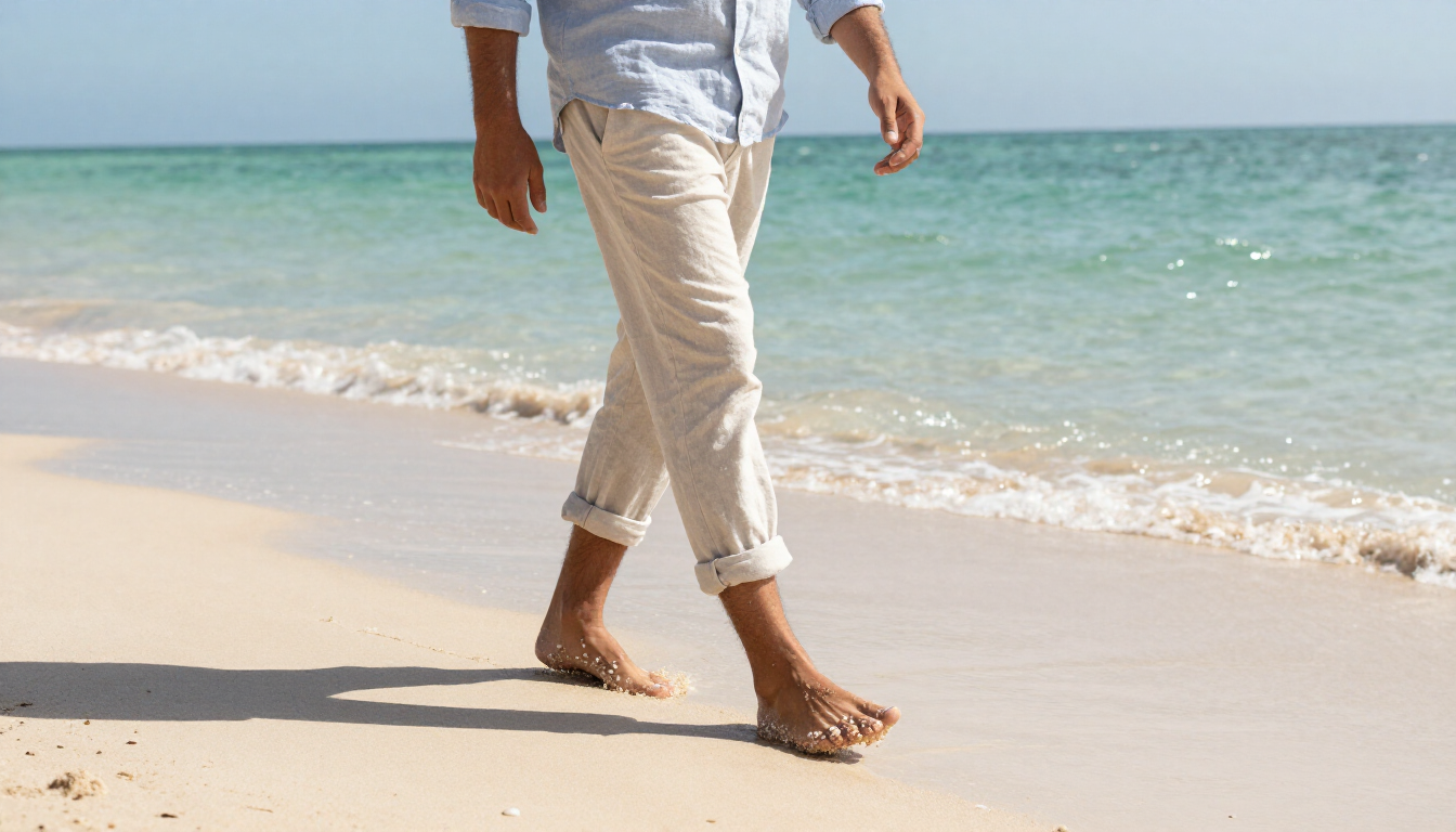 Man walking on sandy beach with sunlight