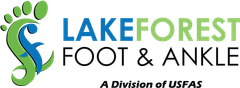 Logo for Lakeforest Foot and Ankle Center with a caduceus symbol and blue text.