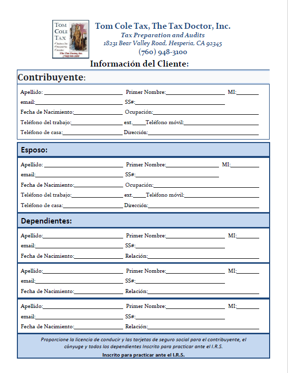 Tom Cole Tax, The Tax Doctor, Inc. Form Tom Cole Tax, The Tax Doctor, Inc. Form