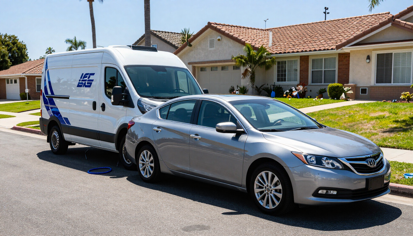 A mobile detailing van beside a freshly cleaned sedan in a neighborhood driveway.