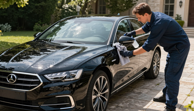A professional mobile detailer polishing a clean black sedan outdoors with premium tools.