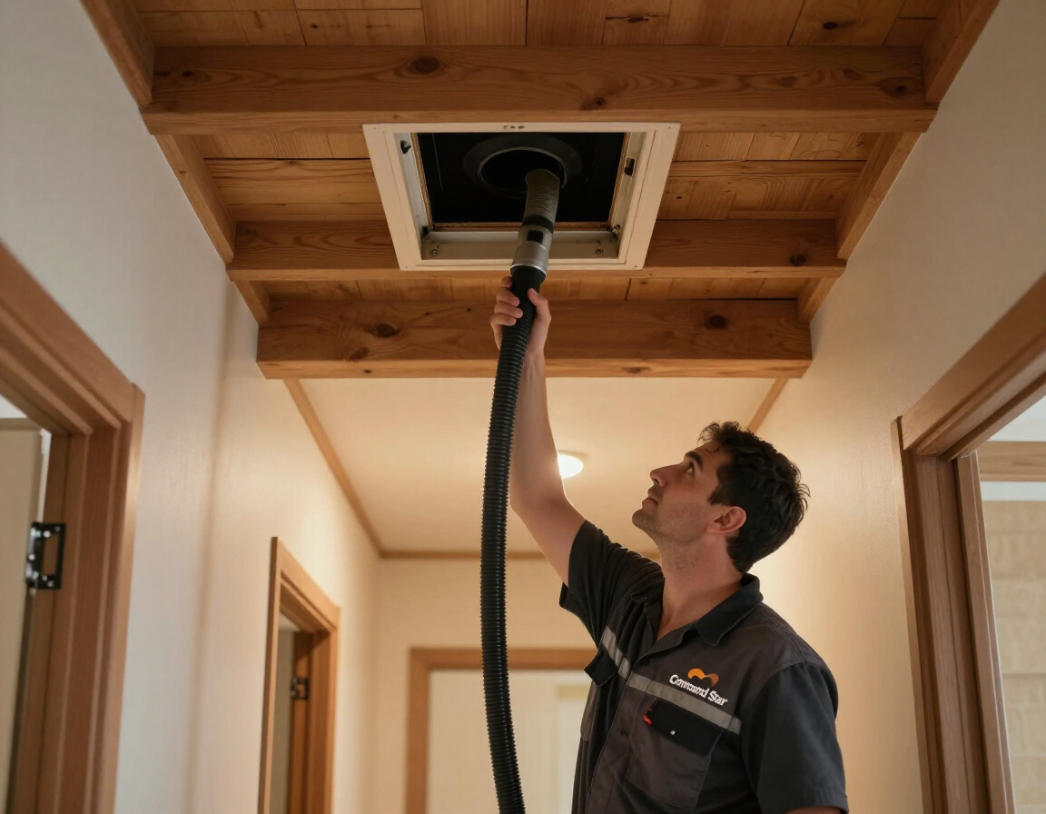 Technician inspecting a ceiling vent in a hallway, holding a flexible hose under a wooden ceiling panel