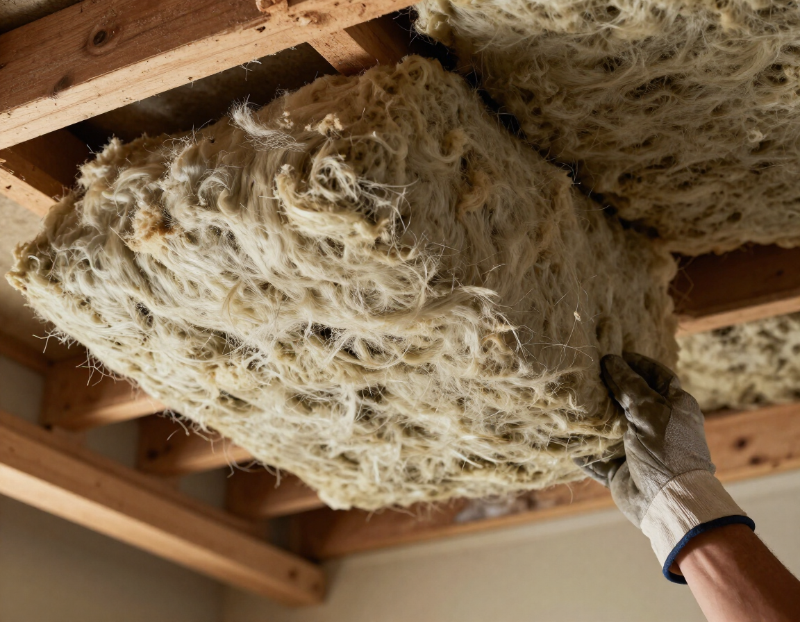 Gloved hand installs insulation batts between exposed wooden ceiling joists
