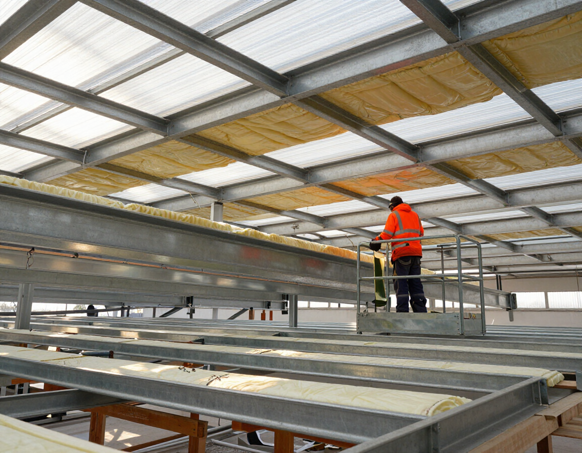 Worker in orange vest on a metal platform inside a large industrial warehouse with skylights.