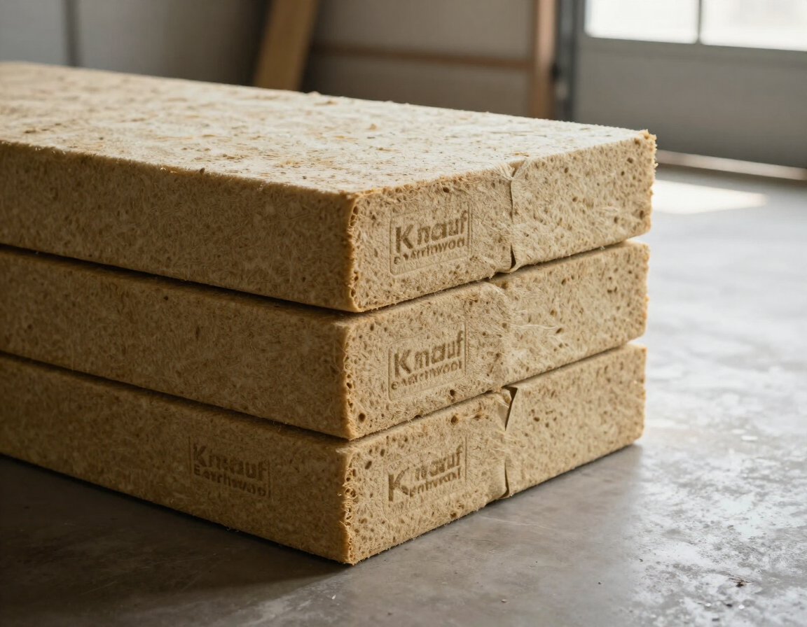 Stacked beige Knauf insulation boards on a concrete floor in a warehouse
