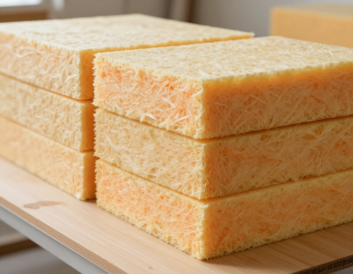 Stacked orange sponge cake layers on a wooden board