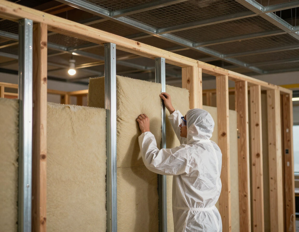 Worker in white protective suit installing insulation in a framed wall indoors
