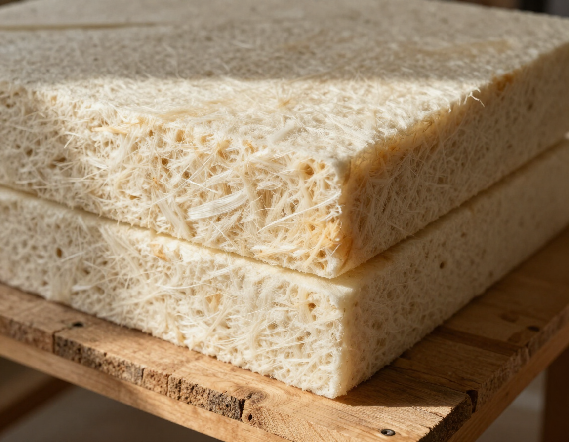 Two stacked beige foam blocks on a wooden pallet, with rough, fibrous edges