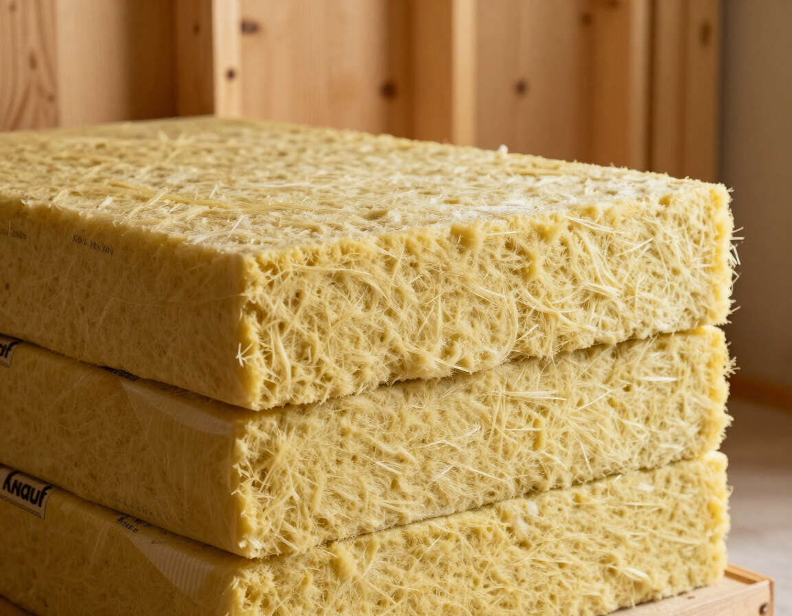 Stacked yellow insulation boards on a wooden pallet in a workshop-like setting