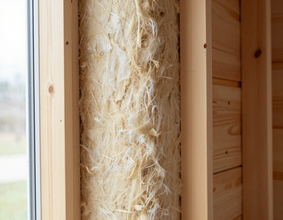 Close-up of a window frame with exposed natural insulation between wooden studs and trim.