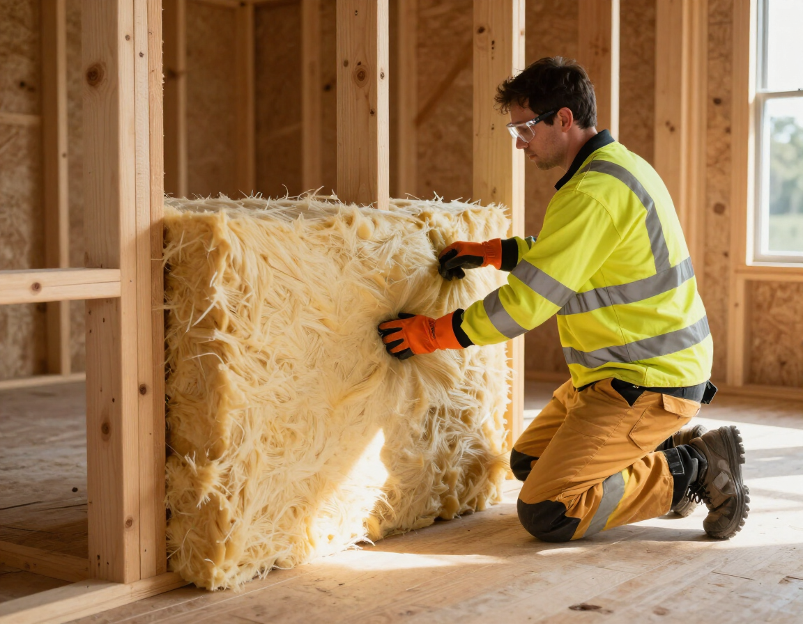 Worker in a high-visibility jacket installing fiberglass insulation in a wooden framed house under construction