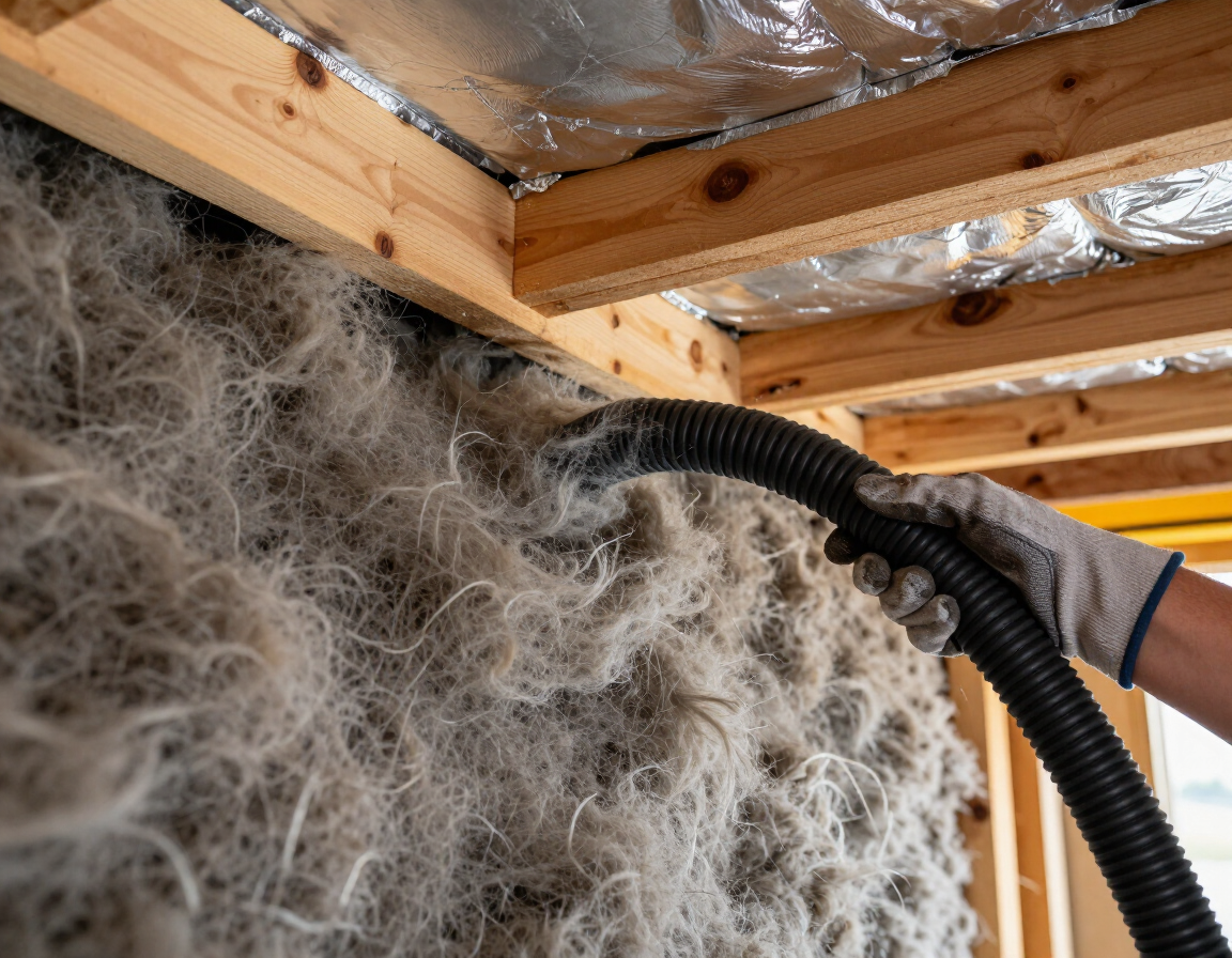 Worker vacuuming loose insulation in an attic with a black hose