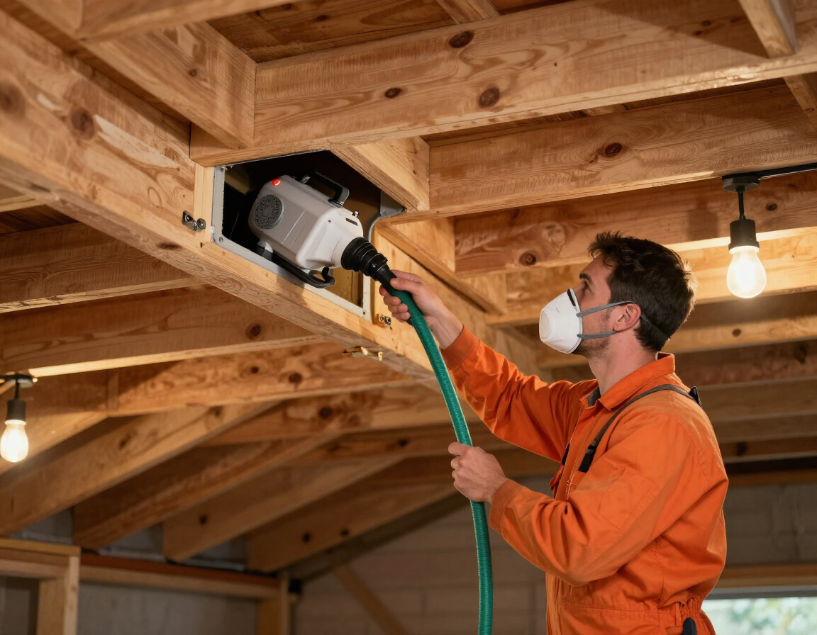 Worker in orange shirt using a green hose tool on exposed wooden ceiling beams indoors