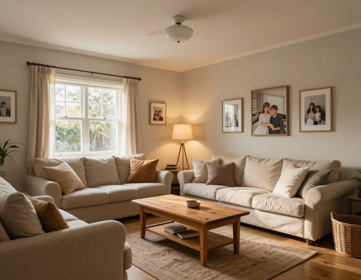 Cozy beige living room with sofas, coffee table, lamp, window, and framed wall photos