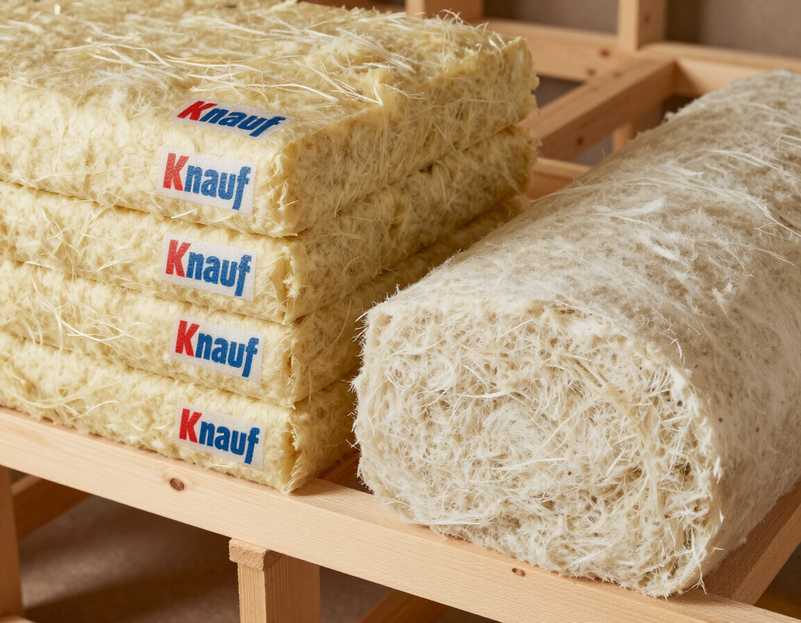 Stacks of Knauf fiberglass insulation batts on wooden racks in a workshop