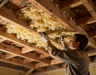 Person installing yellow insulation in an unfinished attic ceiling.