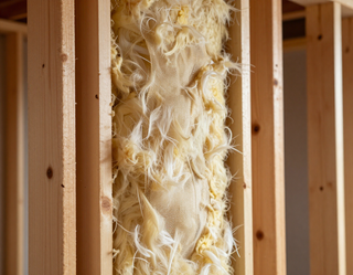 Fiberglass insulation filling a wooden wall frame inside a construction site