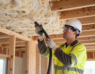 Construction worker in hard hat and safety vest spray-insulating a wooden ceiling inside a house frame