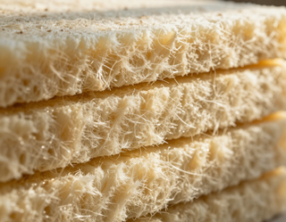 Close-up of stacked beige sponges with porous, fibrous texture