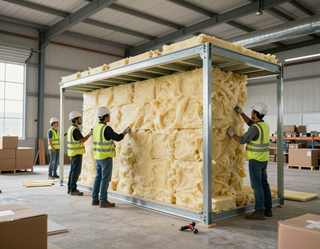 Workers assembling a large insulated crate in a warehouse, with yellow foam panels and metal frame.