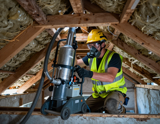 Worker in a yellow hard hat installs insulation in an attic with a drill machine.