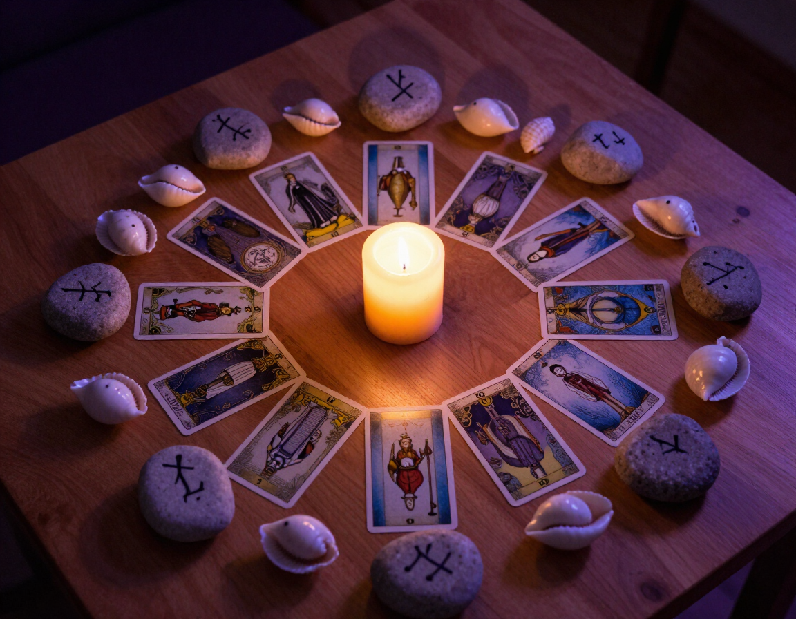 Preparación para una lectura de tarot a la luz de las velas, con las cartas dispuestas en círculo alrededor de una vela central y piedras sobre una mesa de madera.