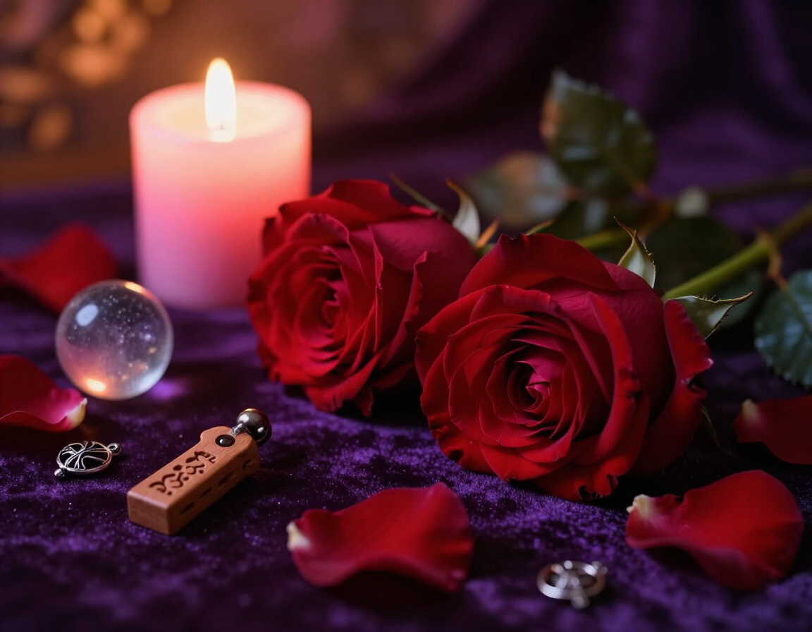 Rosas rojas, vela encendida, bola de cristal y un símbolo de amor de madera sobre tela morada con pétalos esparcidos.