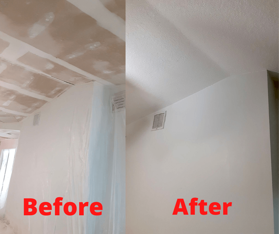 Before and after comparison of a room with newly painted ceiling and walls.