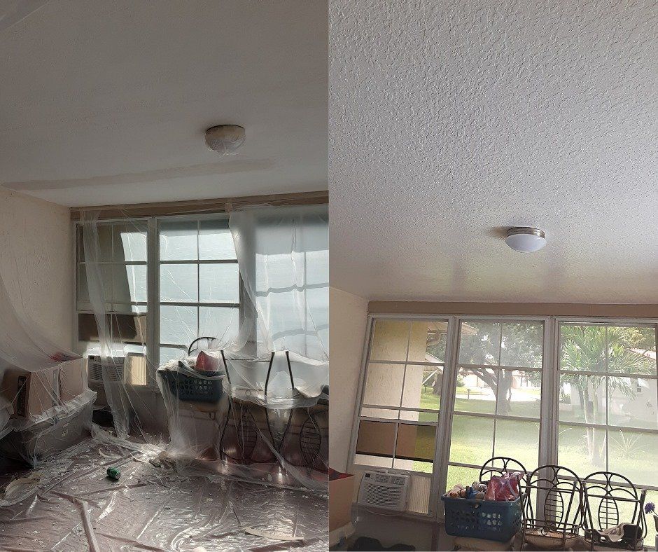 Two photos: interior room before and after painting. Windows, light fixture, plastic covering furniture, and chairs.