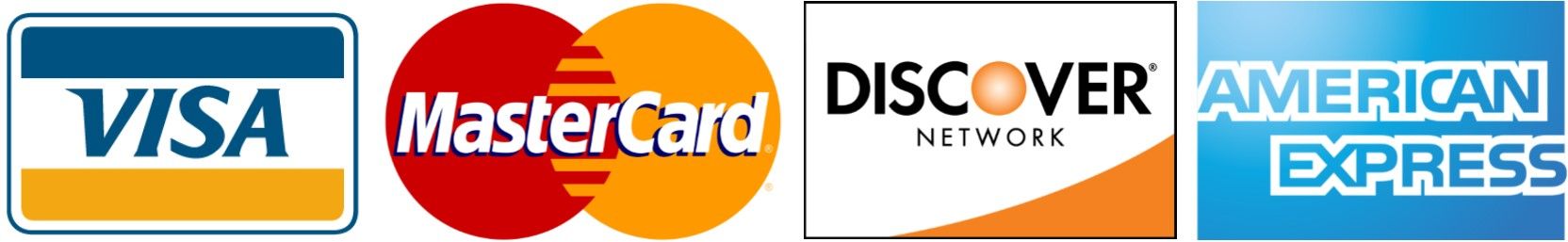 Logos for Visa, Mastercard, Discover, and American Express.