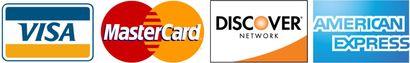 Logos for Visa, Mastercard, Discover, and American Express.