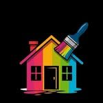 Casa siendo pintada con un pincel de arco iris; fondo negro.