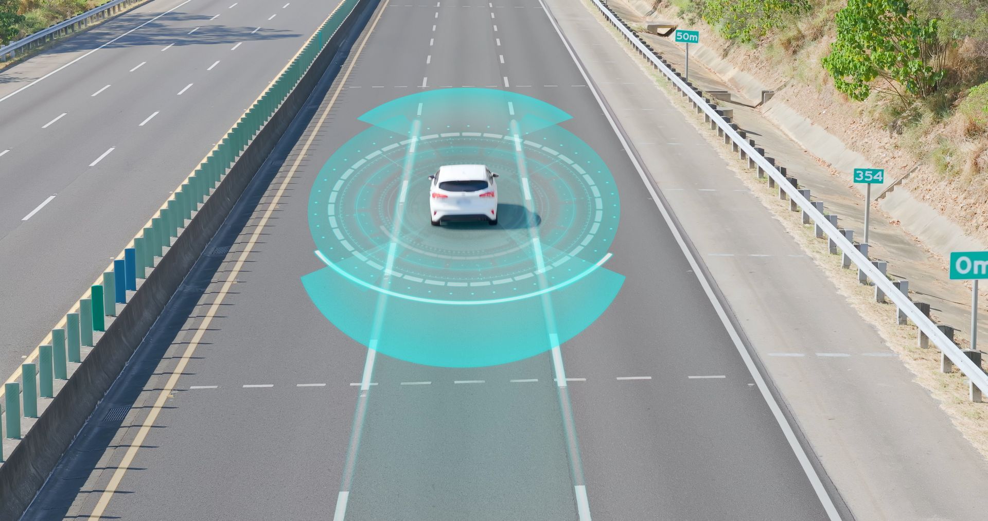 White car driving on a highway, radar circles around it.