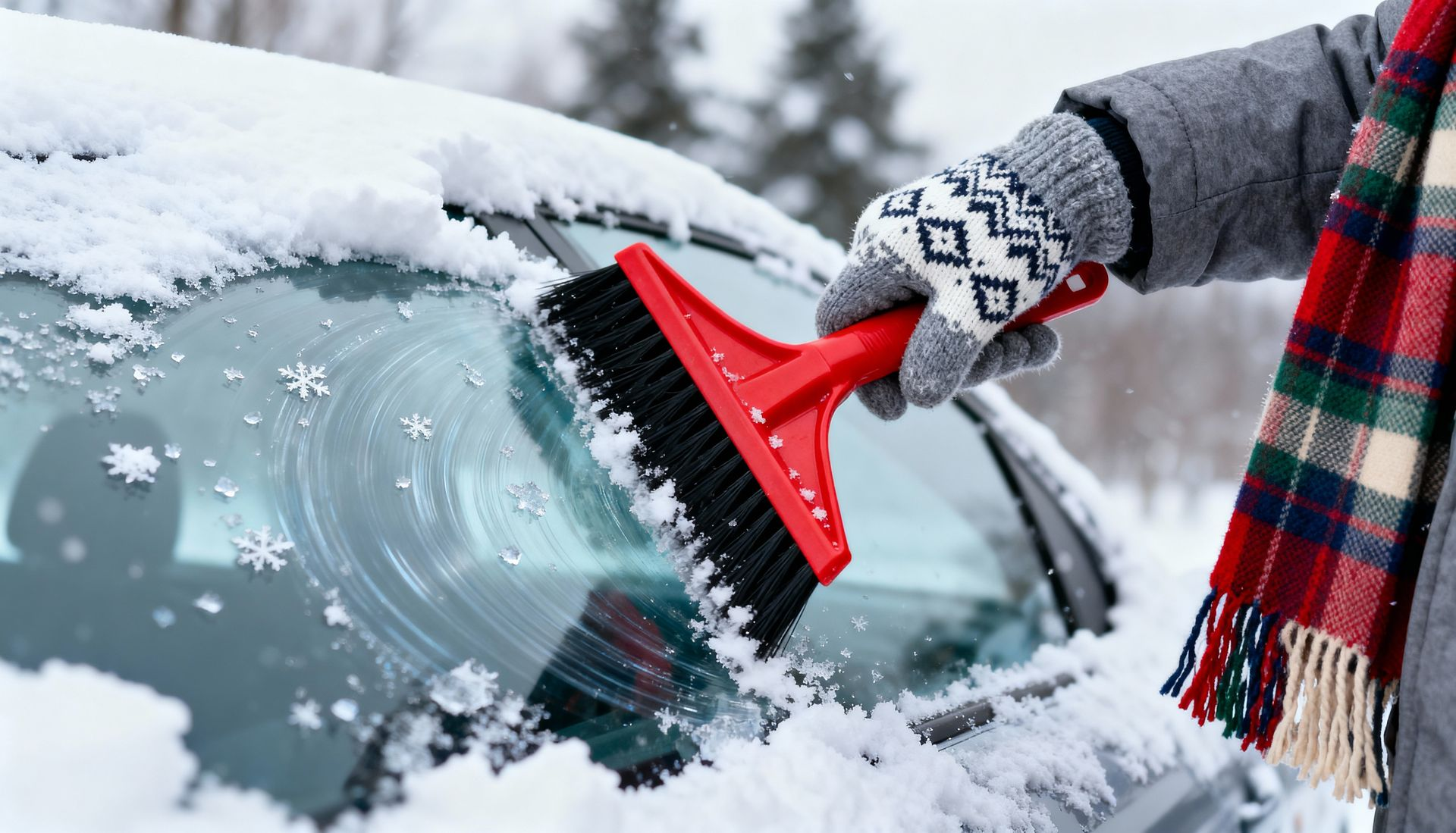 Person in gloves brushing snow off car windshield with a red brush.