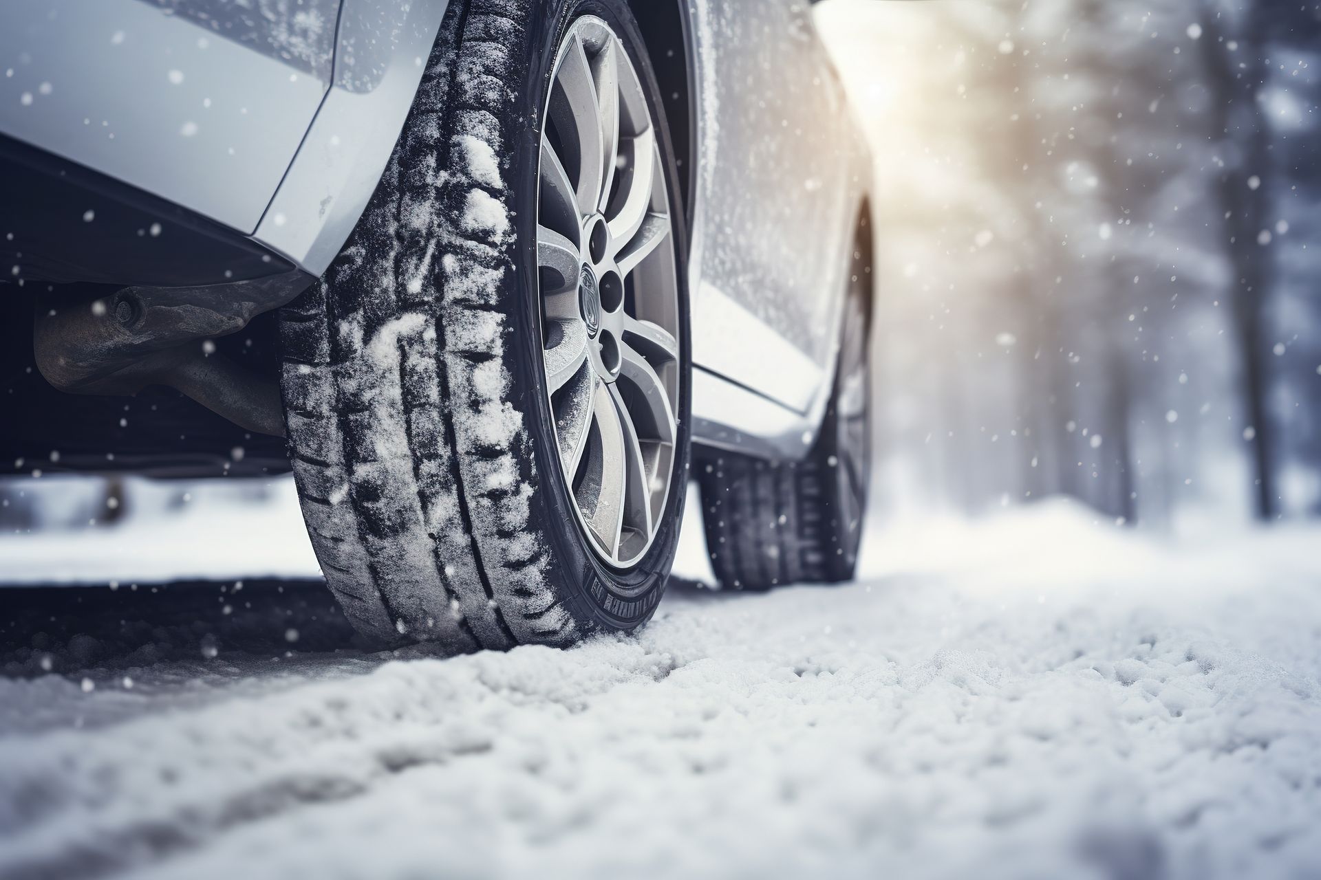 Car tires driving on a snow-covered road; a light winter setting with snowflakes.